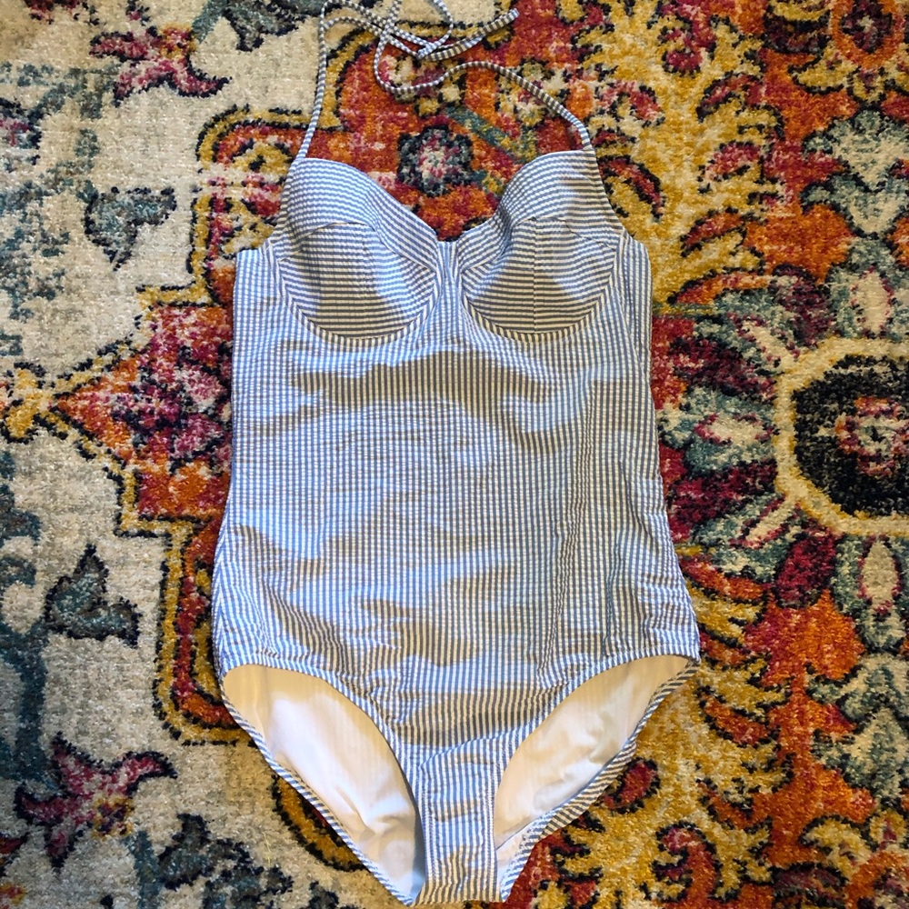 J. Crew Blue and White Striped One-Piece Swimsuit